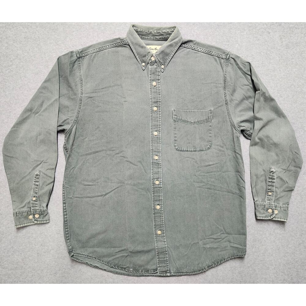 Eddie Bauer Button Down Shirt Mens LT Gray Green Cotton Long Sleeve Tall